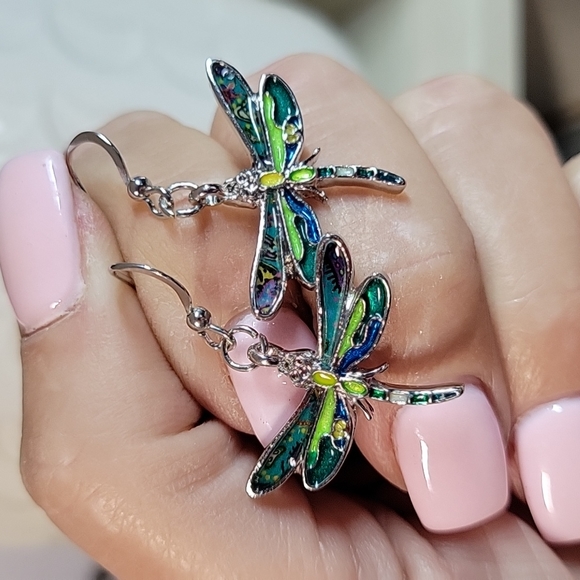 Jewelry - Mosaic Dragonfly Enamel and Silver Drop Earrings